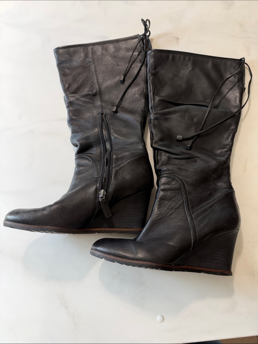 Women's Black Leather Knee-High Wedge Boots - Picture 5 of 15